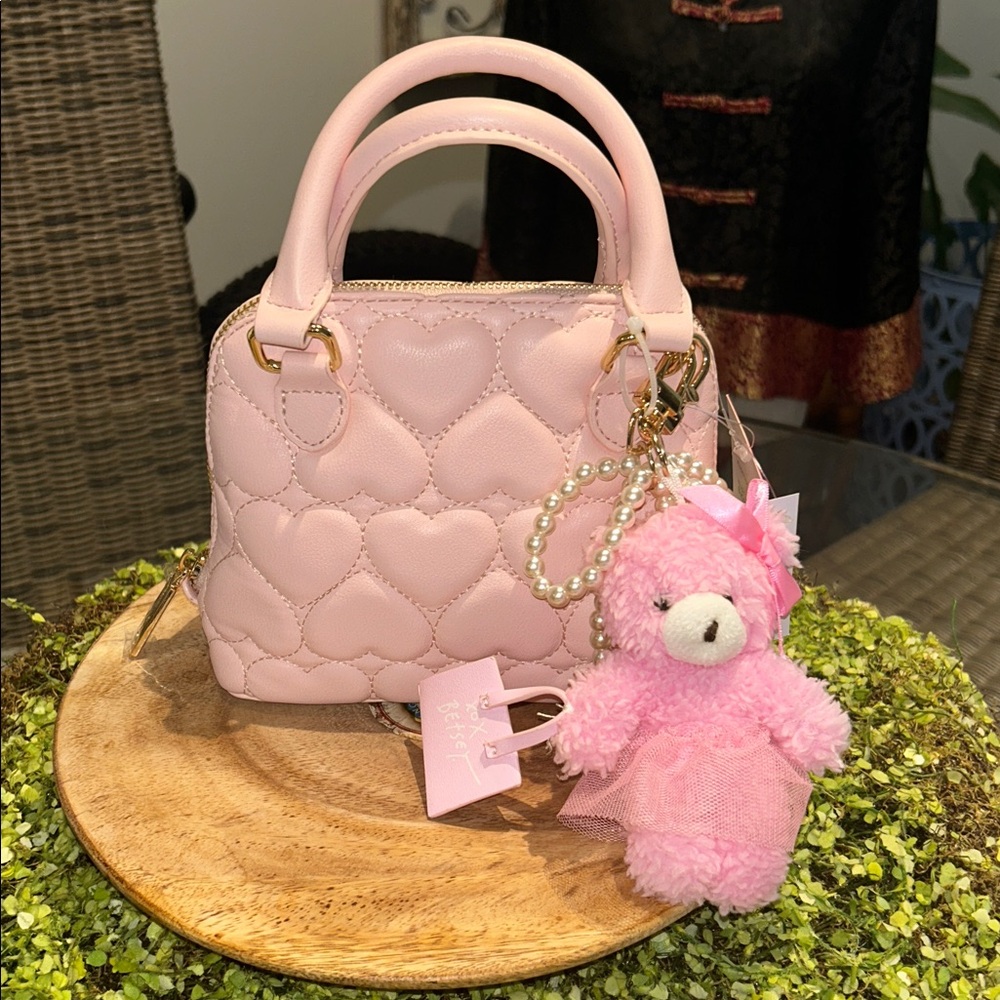 Betsey Johnson Blush Pink Heart Quilted Mini Bag with Teddy Charm 8”x 6”x 3” NWT - Picture 6 of 10